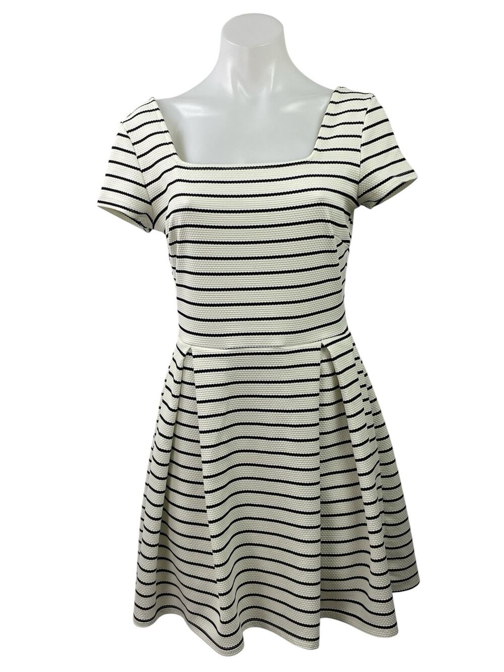 Soprano White Striped Pleated Short Sleeve Square Neck Mini Fit & Flare Dress S